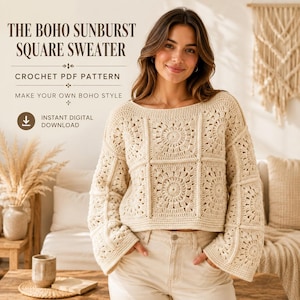 Patrón de ganchillo para suéter cuadrado estilo Boho Sunburst, jersey cuadrado estilo abuela (PDF)