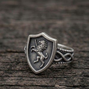 Puede incluir: Un anillo de tono plateado con una cara en forma de escudo que presenta un diseño de león rampante en relieve. La banda del anillo muestra una textura detallada de cuerda trenzada que rodea el dedo, con un acabado de pátina metálica oxidada.