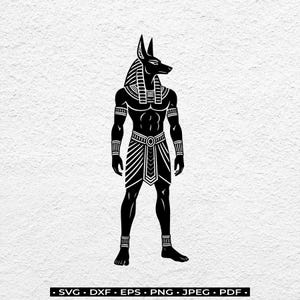 May include: A black and white graphic illustration of the Egyptian deity Anubis, depicted with a jackal head and human body, wearing a traditional nemes headdress, collar, armbands, wrist cuffs, and a pleated kilt with a central panel.