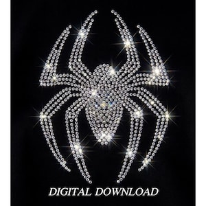 May include: A spider design created with clear, sparkling rhinestones against a solid black background. The arachnid shape is formed by rows of individual crystals that catch the light. The text DIGITAL DOWNLOAD is printed in white at the bottom.