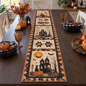 Halloween-bordlöpare, svart katt, kråka och pumpa eller spökhusdesign, höstbordsdekoration, 3 storlekar