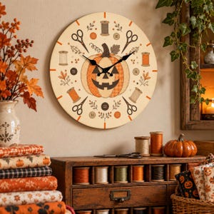 Halloween Pumpkin Wall Clock, 10 Inch Sewing Room Decor, Vintage Style Scissors and Thread Spool Design