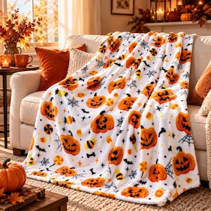 May include: A white fleece throw blanket featuring a repeating Halloween pattern of orange jack-o'-lanterns, black spiderwebs, bats, candy corn, and colorful lollipops. The soft fabric is draped over a beige sofa, showcasing the festive print.