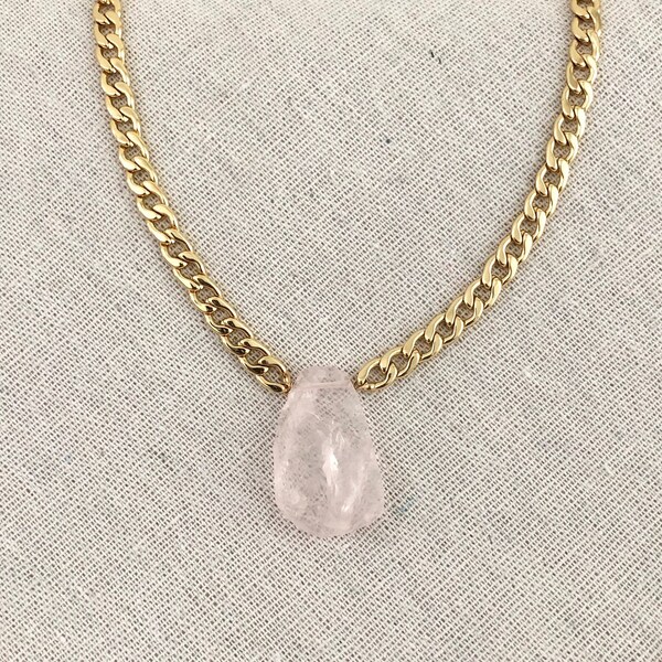 Raw Rose Quartz Choker: Large AAA Rose Quartz gemstone pendant on wide  gold filled Cuban curb chain, 15”, Dahlia Collection