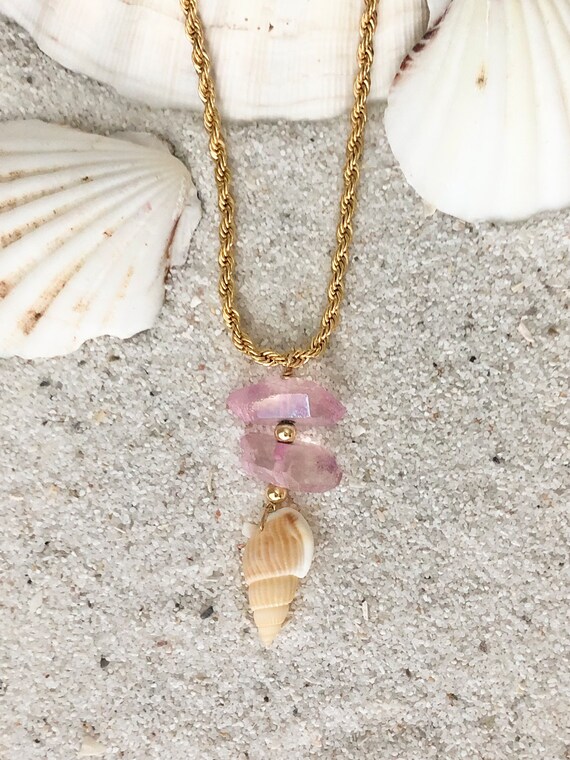 Ari Necklace Pink Rose Quartz Crystals Sea Shell and Gold Etsy