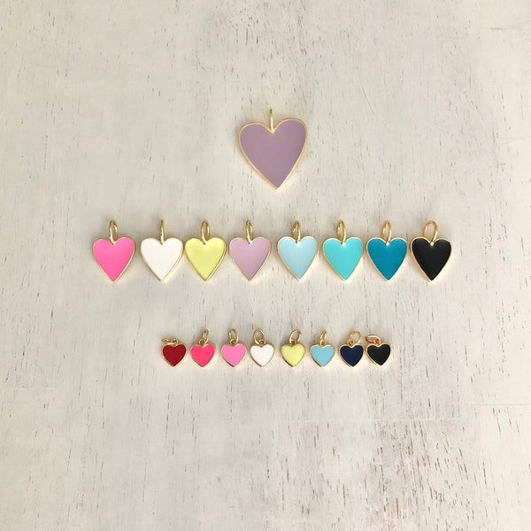 Charms, Enamel Heart: Small, Medium & Large heart charms with gold filled outer frame and back detail