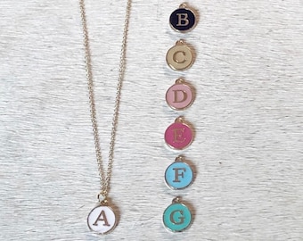 ROUND ENAMEL & GOLD LETTER W INITIAL CHARM  NECKLACE IN PINK BLUE BLACK OR WHITE 
