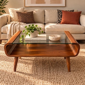 Handcrafted Reclaimed Teak Coffee Table, Mid-Century Modern Glass Top Living Room Furniture