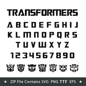 Può includere: Un set di caratteri digitali che presenta la parola TRANSFORMERS in un carattere nero, audace e angolare, seguito dall'alfabeto completo in maiuscolo dalla A alla Z, dai numeri da 0 a 9 e da sette icone di volti robotici neri.