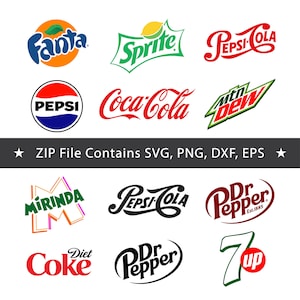 Op de afbeelding: Een verzameling van twaalf logo's van frisdrankmerken, waaronder Fanta, Sprite, Pepsi-Cola, Pepsi, Coca-Cola, Mountain Dew, Mirinda, Dr Pepper en Diet Coke. Een donkere horizontale balk toont de tekst: ZIP File Contains SVG, PNG, DXF, EPS.