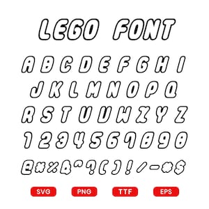 May include: A digital graphic displaying the text LEGO FONT followed by the complete alphabet in uppercase, numerals zero through nine, and various punctuation marks. Each character features a bold black outline with a white interior, presented in a slanted, rounded typeface. Four red rectangular buttons at the bottom are labeled SVG, PNG, TTF, and EPS.