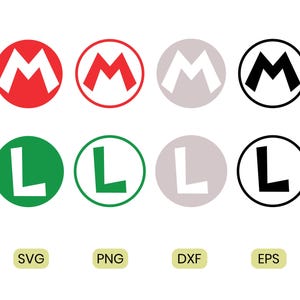 May include: A digital graphic set featuring eight circular icons arranged in two rows. The top row displays the letter M in red, outlined red, light gray, and black. The bottom row shows the letter L in green, outlined green, light gray, and black. Labels SVG, PNG, DXF, and EPS appear below.