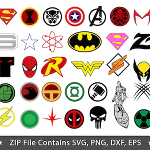 May include: A collection of thirty-six superhero and comic book character emblems arranged in a grid. The icons feature various shapes, including circles, shields, and stylized symbols in colors like red, yellow, blue, green, and black. Text reads: ZIP File Contains SVG, PNG, DXF, EPS.