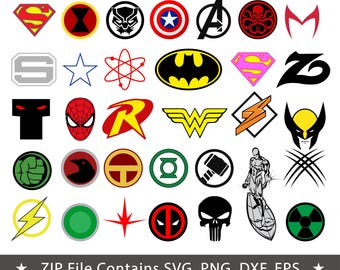 May include: A collection of thirty-six superhero and comic book character emblems arranged in a grid. The icons feature various shapes, including circles, shields, and stylized symbols in colors like red, yellow, blue, green, and black. Text reads: ZIP File Contains SVG, PNG, DXF, EPS.