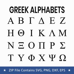 Könnte beinhalten: Eine digitale Grafik mit dem Text GREEK ALPHABETS in schwarzen Großbuchstaben, gefolgt vom vollständigen Satz griechischer Großbuchstaben in vier Reihen. Ein blaues Banner am unteren Rand enthält den Text ZIP File Contains SVG, PNG, DXF, EPS.