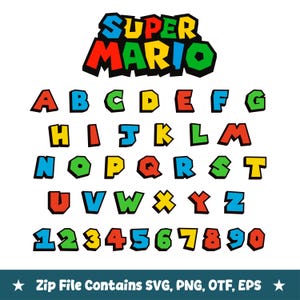 May include: A digital alphabet and number set featuring the Super Mario logo text at the top. Each character is rendered in a bold, blocky, cartoon-style font with a thick black outline, coloured in vibrant red, blue, green, and yellow hues.