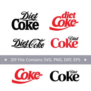 Könnte beinhalten: Eine Sammlung von sechs Diet Coke Logos in Schwarz und Rot, die verschiedene Schrift- und Serifentypografien zeigen. Ein graues horizontales Banner in der Mitte enthält den Text: ZIP File Contains SVG, PNG, DXF, EPS.