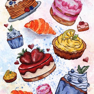 May include: A watercolor illustration featuring a stack of pancakes with berries, a pink frosted cake with heart decorations, croissants, a lemon tart, a strawberry cake, blueberry cupcakes, and small red hearts scattered on a light background.
