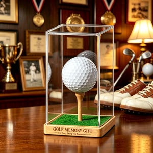 May include: A white golf ball sits on a wooden tee inside a clear acrylic display case with a green turf base. The wooden base features the engraved text GOLF MEMORY GIFT - For Every Swing You Remember - centered on the front panel of the display.