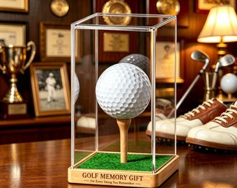 Custom Golf Ball Display Case, Acrylic Cover Wood Base, Engraved Keepsake, Golf Lover Father's Day Gift