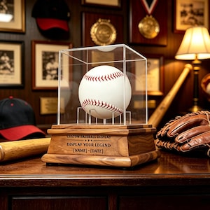 Könnte beinhalten: Ein weißer Baseball mit roten Nähten befindet sich in einer durchsichtigen Acryl-Vitrine auf einem Holzsockel. Der Sockel trägt die eingravierte Aufschrift CUSTOM BASEBALL DISPLAY, DISPLAY YOUR LEGEND und [NAME] [DATE] mit Sternsymbolen.
