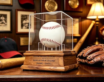 Grawerowana gablota na piłki baseballowe, akrylowa witryna, podstawa drewniana, uchwyt na kołyskę X (spersonalizowany prezent)