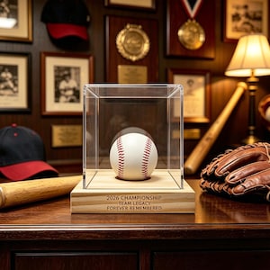 May include: A white baseball with red stitching displayed inside a clear acrylic cube case on a light wood base. The base is engraved with the text 2026 CHAMPIONSHIP, TEAM LEGACY, and FOREVER REMEMBERED, centred on the front wooden panel.