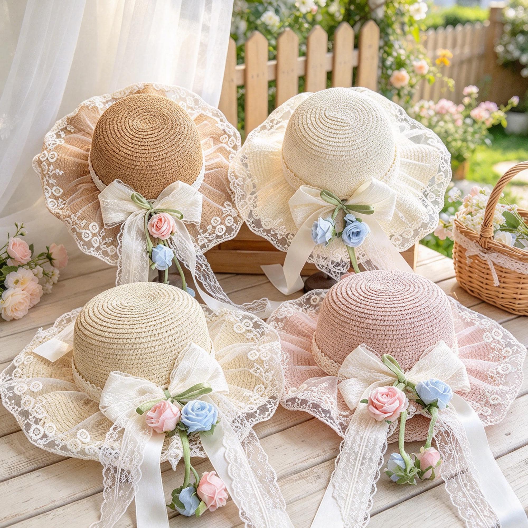 帽子 STRAW HAT WITH LACE RIBBON Straw Hat Lace - Etsy