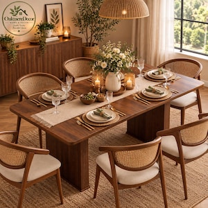 May include: A rectangular dark wood dining table with a fluted base and six chairs featuring curved wood frames, woven cane backrests, and beige upholstered seats. The table is set with white plates, gold cutlery, and a central floral centerpiece.