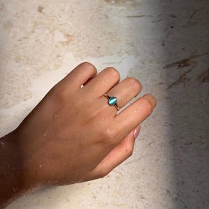 Vintage 925 Sterling Silver Blue Cat Eye Ring, Oval Teal Cabochon Stone Ring, Dainty Solitaire Ring, Retro Stackable Jewelry for Women