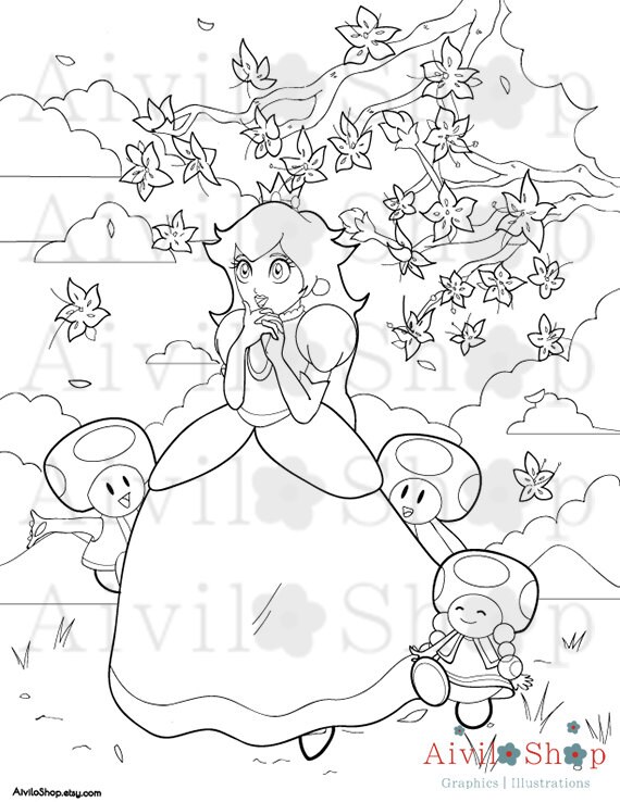Princess Peach COLORING PAGE Sale Super Mario Toad Stool | Etsy