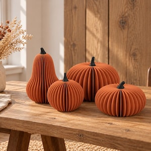 May include: A set of four burnt orange paper honeycomb decorations shaped like pumpkins and a gourd. Each piece features a ribbed, accordion-style texture and a small, solid black stem at the top. The collection includes one tall gourd and three pumpkins of varying sizes, all arranged together on a flat surface.