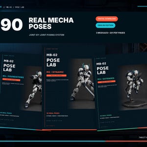 Peut inclure: Un ensemble de téléchargement numérique intitulé 90 Real Mecha Poses comprenant trois modules et 201 pages PDF. Les couvertures présentent un robot mecha blanc et noir dans diverses postures, étiquetées M1 Foundations, M2 Dynamic et M3 Extended.