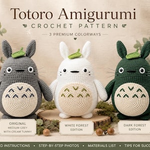 May include: A digital crochet pattern for Totoro Amigurumi featuring three plush toys in grey, white, and dark green. Each creature has a cream-colored belly with chevron markings, pointed ears, a small green leaf on top, and whiskers.
