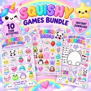 May include: A digital Squishy Games Bundle featuring a scavenger hunt, bingo, and design activity sheets. The colorful pages include illustrations of unicorns, pandas, stars, and hearts with text like Squishy Games Bundle and Instant Download.