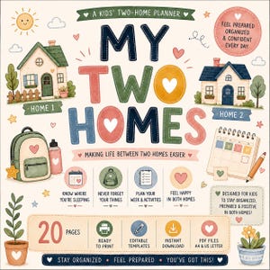 May include: A kids' two-home planner titled My Two Homes, featuring illustrations of two houses, a backpack, a calendar, and a pencil. The planner includes 20 pages, editable templates, and is ready to print. Text includes Feel Prepared Organized & Confident Every Day, Know Where You're Sleeping, Never Forget Your Things, Plan Your Week & Activities, Feel Happy In Both Homes, and Designed For Kids To Stay Organized, Prepared & Positive In Both Homes.