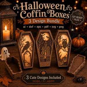 Könnte beinhalten: Ein digitales Set von Halloween-Sargboxen mit drei lasergeschnittenen Holzdesigns: ein Rabe auf einem Grabstein, ein Spukhaus mit Fledermäusen und eine Eule mit Kürbissen. Der Text lautet Halloween Coffin Boxes, 3 Design Bundle und 3 Cute Designs Included, mit den Dateiformaten ai, dxf, eps, pdf, svg und png.