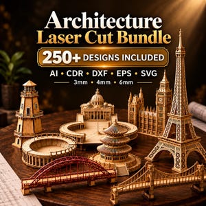 3D Architecture Laser Cut Mega Bundle, 250+ Dollhouse SVG, Famous Landmark DXF, Castle Model 3D Puzzle, Glowforge LightBurn CNC Vector Plans
