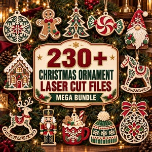 Pacote com mais de 230 arquivos SVG para corte a laser de enfeites de Natal, decorações de madeira para árvores em DXF, bolas de Natal 3D, modelos vetoriais para CNC Glowforge LightBurn.