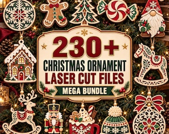 230+ Christmas Ornament Laser Cut Files SVG Bundle, Wood Tree Decorations DXF, Holiday Bauble 3D, Glowforge LightBurn CNC Vector Templates