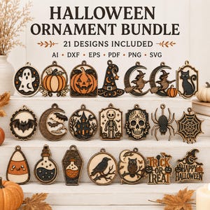 Puede incluir: Una colección digital de 21 diseños de adornos de Halloween con motivos de madera cortados con láser, que incluyen fantasmas, calabazas, brujas, gatos, murciélagos, casas encantadas, esqueletos, calaveras, arañas, telarañas, dulces y texto.