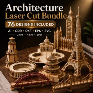 Peut inclure: Un ensemble de fichiers numériques intitulé Architecture Laser Cut Bundle avec 76 modèles aux formats AI, CDR, DXF, EPS et SVG pour des épaisseurs de 3mm, 4mm et 6mm. L'image montre des maquettes en bois découpées au laser de monuments célèbres.