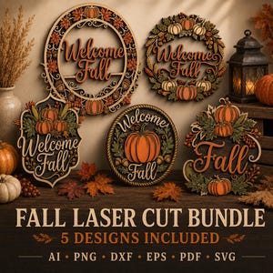 Fall Welcome Sign SVG Bundle: 5 Autumn Laser Cut Door Hanger Designs