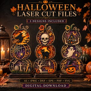 Può includere: Tre decorazioni impilate a forma di zucca tagliate al laser con temi di Halloween: strega, teschio, gatto nero, casa stregata, fantasma e zucca intagliata. Testo: HALLOWEEN LASER CUT FILES, 3 DESIGNS INCLUDED, AI, DWG, DXF, EPS, PDF, SVG, DIGITAL DOWNLOAD.