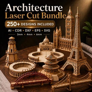 Pacchetto completo di progetti 3D di architettura tagliati al laser, oltre 250 file SVG per case delle bambole, file DXF di monumenti famosi, puzzle 3D di castelli, progetti vettoriali per macchine CNC Glowforge LightBurn.