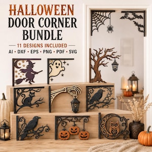 Puede incluir: Un conjunto de esquineros para puerta de Halloween con 11 diseños cortados a láser, incluyendo una bruja en escoba, un fantasma, una mano esquelética con linterna, un gato negro, cuervos, calabazas y un búho. El texto dice HALLOWEEN DOOR CORNER BUNDLE.