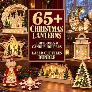 Könnte beinhalten: Eine Sammlung von lasergeschnittenen Weihnachts-Laternen, Leuchtkästen und Kerzenhaltern aus Holz mit festlichen Motiven von Hirschen, Bäumen und Sternen. Der zentrale Text lautet 65+ CHRISTMAS LANTERNS LIGHTBOXES & CANDLE HOLDERS LASER CUT FILES BUNDLE.