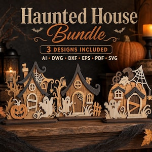 May include: A Haunted House Bundle digital file set featuring three layered wooden house designs with ghosts, pumpkins, and spiderwebs. The text reads Haunted House Bundle, 3 DESIGNS INCLUDED, and AI, DWG, DXF, EPS, PDF, SVG file formats.