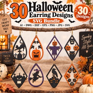 Könnte beinhalten: Ein digitales Dateipaket mit 30 Halloween-Ohrring-Designs in den Formaten SVG, AI, DWG, DXF, EPS, PNG und JPG. Das Bild zeigt acht hängende Ohrringpaare mit lasergeschnittenen Motiven wie Katzen, Kürbissen, Vogelscheuchen und Hexen.