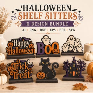 Bundle SVG Halloween – 6 Décorations à Poser pour Étagère et Table | Fichiers Découpe Laser